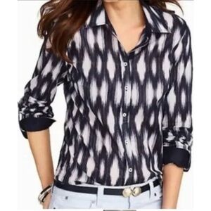 Talbots | Diamond Ikat Long Sleeve Button Down Shirt | Indigo & White | Petite M